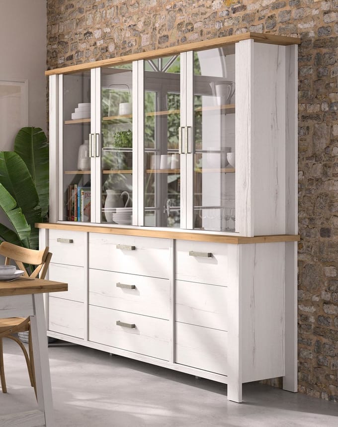 Belfurn - Mano – Grote vitrinekast-met LED-verlichting – wit gekalkte houtstructuur & eik artisan