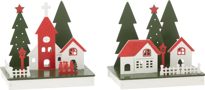 J-Line decoratie Winter Huis - hout - mix - 2 stuks - LED lichtjes
