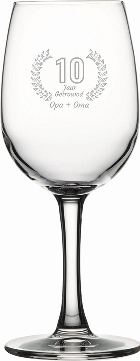 Gegraveerde witte wijnglas 26cl Opa + Oma 10 jaar getrouwd
