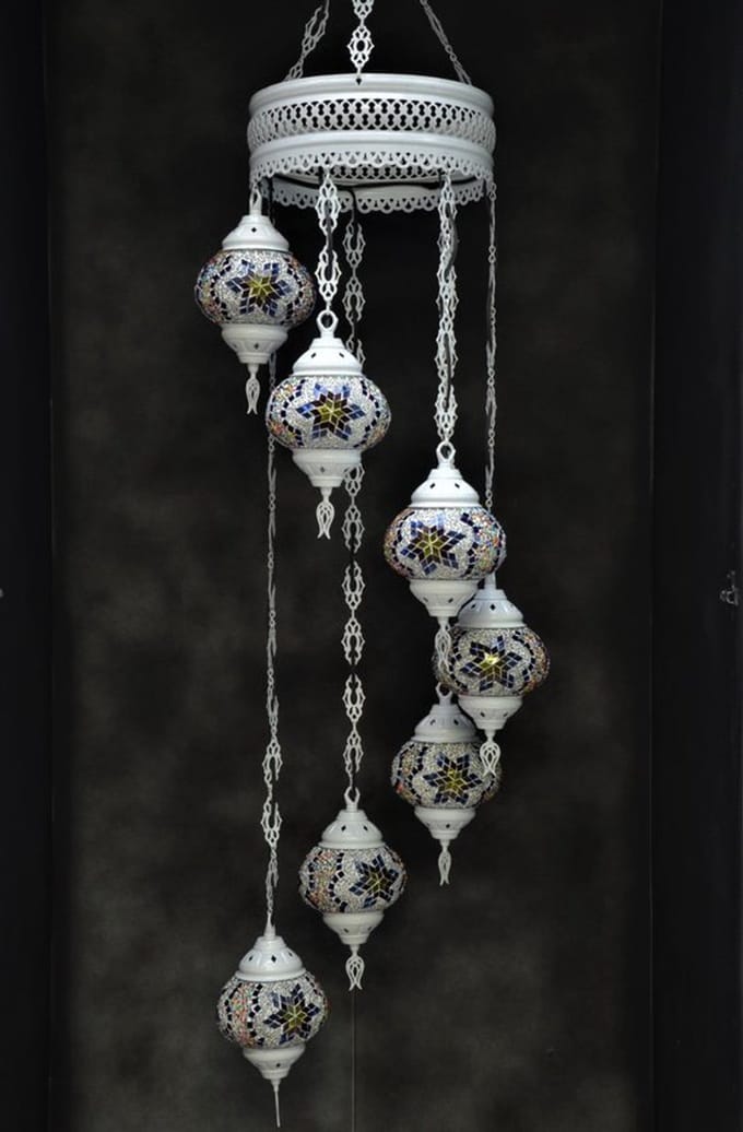 Hanglamp multicolour blauw wit glas mozaïek Oosterse lamp kroonluchter Crèmewit 7 bollen