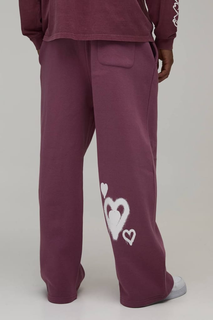 Wijde Pijpen Lage Kruis Hartjes Print Joggingbroek | Mauve | Size Medium
