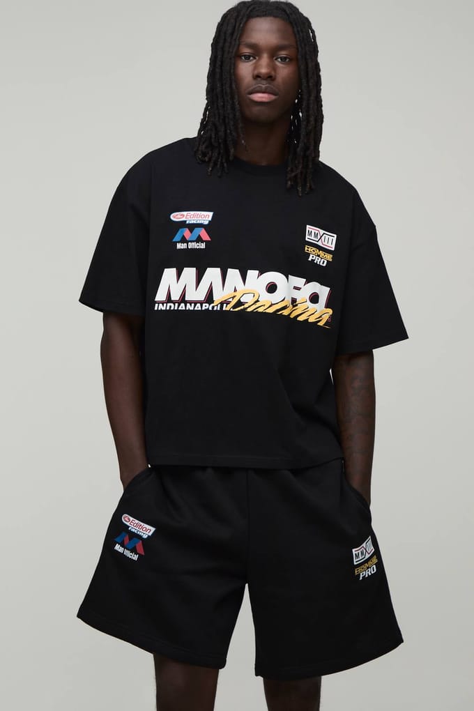 Oversized Boxy Heren Moto Bedrukt T-shirt & Baggy Short Set | Black | Size Medium