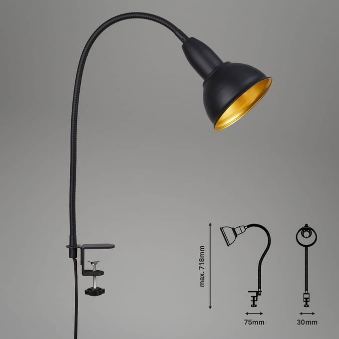BRILONER Hygge - Klemlamp retro - klemspot metaal - zwart/goud - E14 fitting - klemlampje met snoer