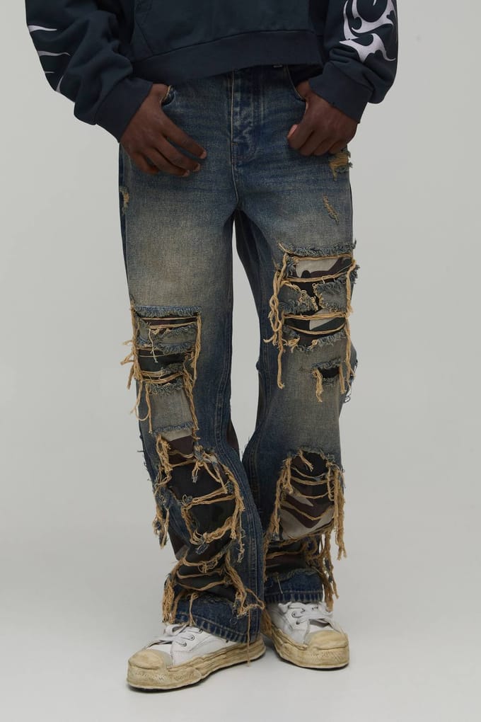 Gewassen Camo Rip & Repair Relaxed Fit Jeans | Antique Blue | Size 34R