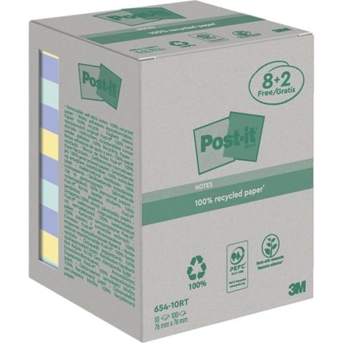 Post-it® sticky notes Recycling Notes 654-RCP10, B 76 x D 76 mm, PEFC® papier, gekleurd, 8 + 2 pads, 100 vellen/pad