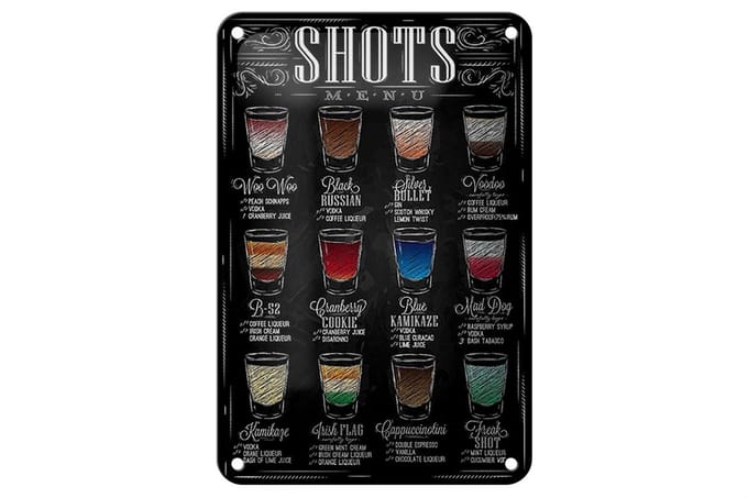 Blechschild Alkohol 12x18cm Shots Menu Woo Black russian