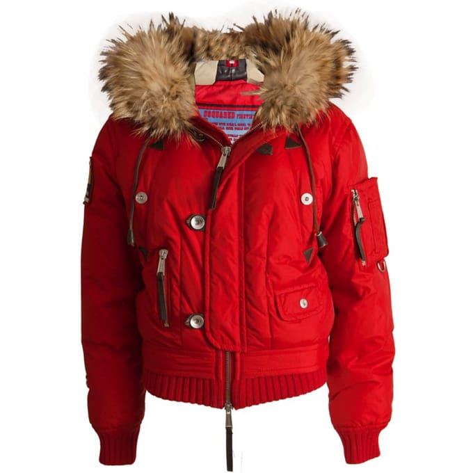 Dsquared2, rode bomber parka met bontkraag.