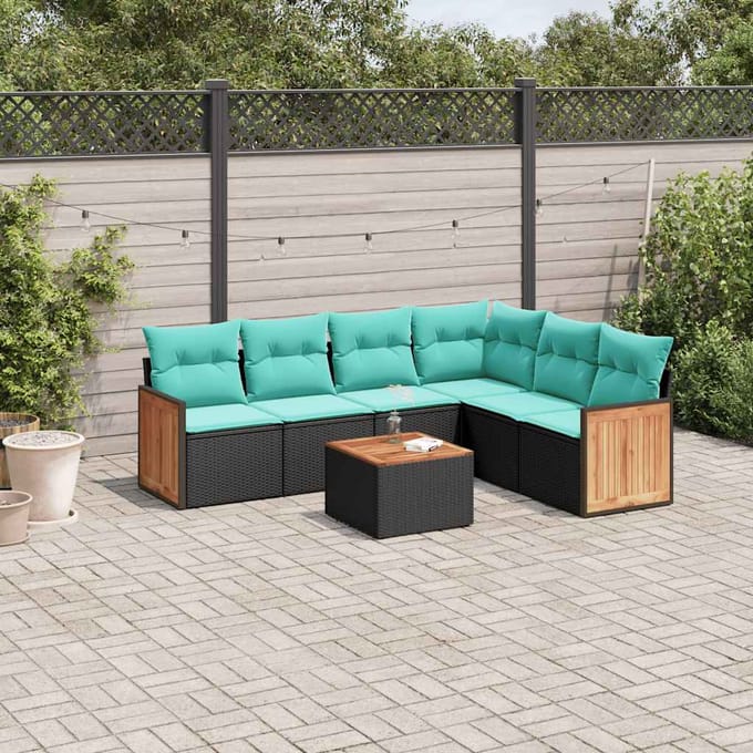 vidaXL - 7-delige - tuinbankset - met - kussens - van - zwart - polyrotan