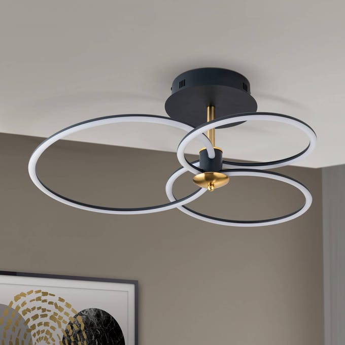ORION LED plafondlamp Charlotte, 3 ringen, zwart/goud