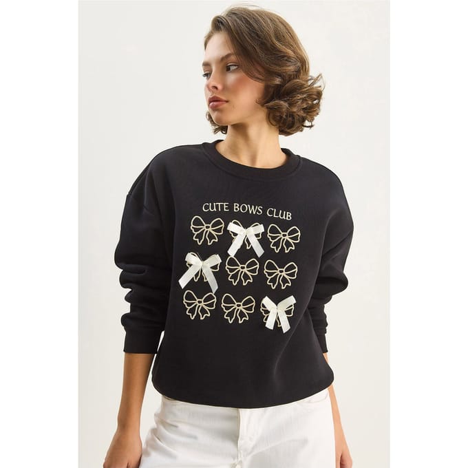 Geribbelde Bedrukte Ronde Hals Lange Mouwen Sweatshirt