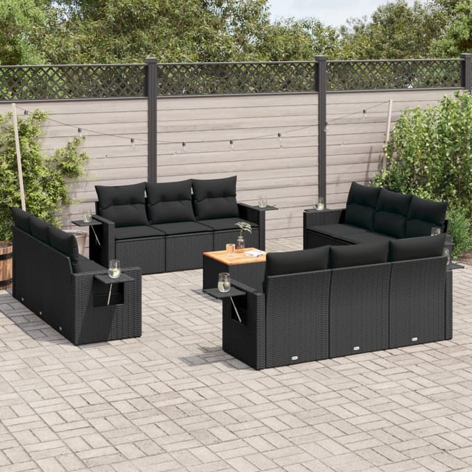 vidaXL - 13-delige - Loungeset - met - kussens - poly - rattan - zwart