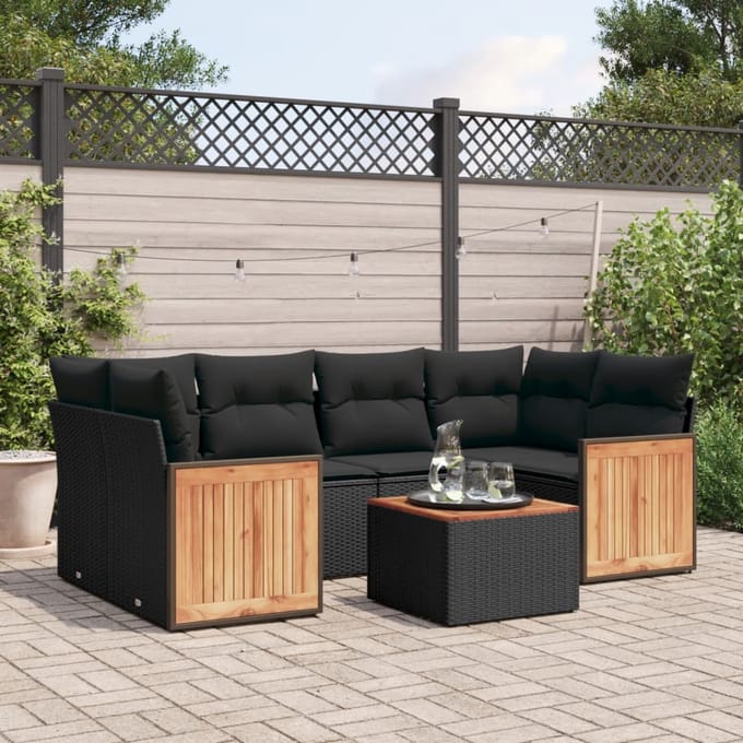 vidaXL - 7-delige - Loungeset - met - kussens - poly - rattan - zwart