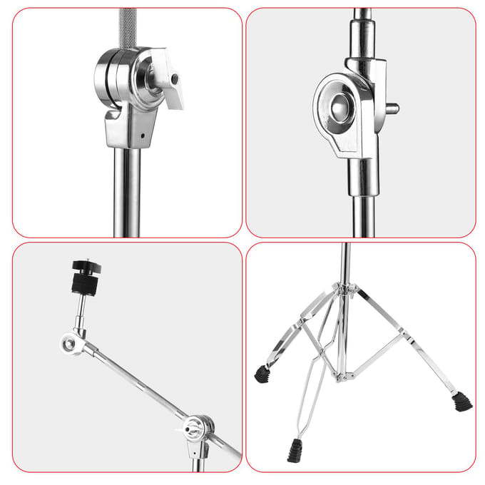 Support de cymbale droit et perche, pieds à double renfort, hauteur et angle réglables, kit de batterie argenté