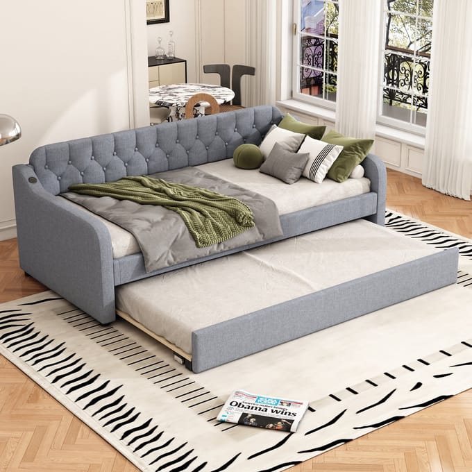 90*200 cm slaapbank - dagbed - met uitschuifbaar rolbed - USB-aansluiting - grijs