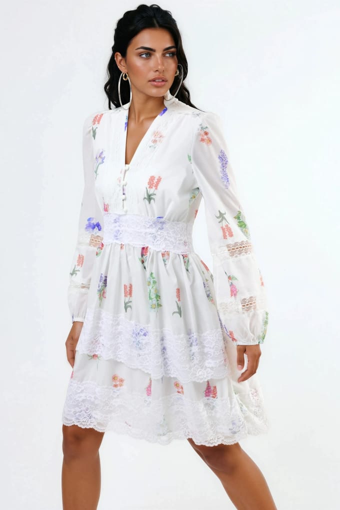 Florale Kant Mini-jurk met V-hals