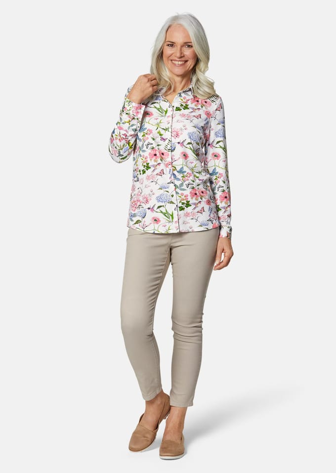 Expressieve jersey blouse met stretch - rosé / wit / gedess. - Gr. 24 van Goldner Fashion