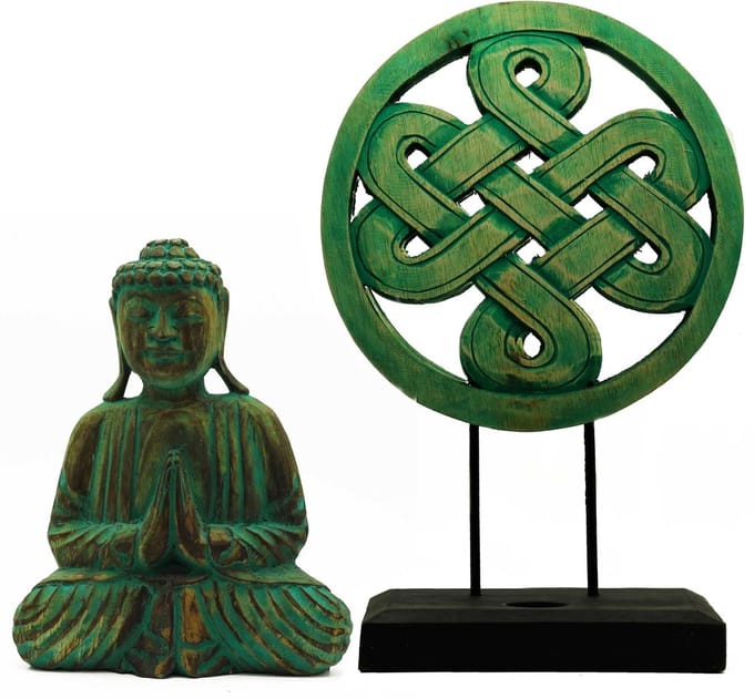 Boeddha Feng Shui Set - Knoop- Groen - Hand Gemaakt - Duurzaam Albasia Hout - Boeddha Beeld