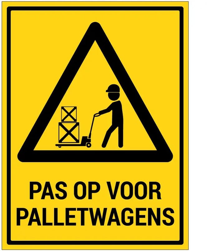 Pas op voor palletwagens sticker met tekst | 20 x 15 cm