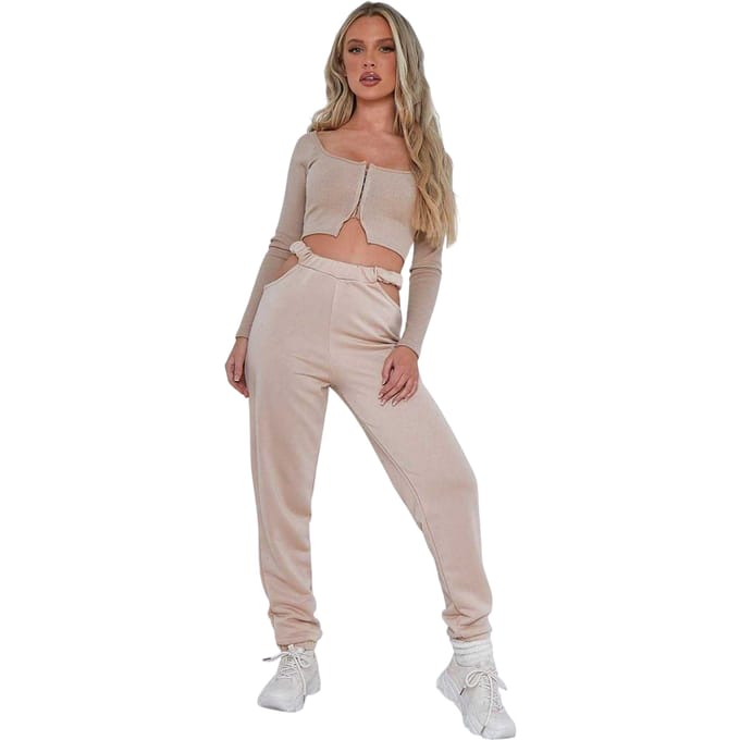 Missy Empire Dames/Dames Ribgebreide Uitgesneden Joggers (Beige)