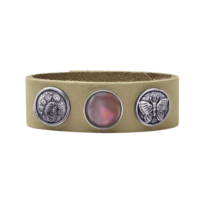 Quiges Dames Leren Armband Beige met 3 Drukknopen Set 19.5 - 21.5cm - EBCMS333