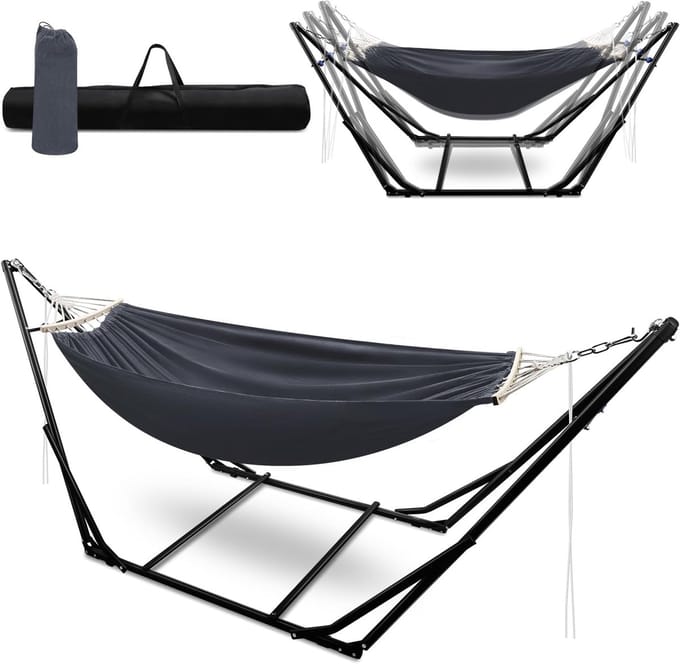 Hangmat met frame - Inklapbare relaxplek - Buiten ontspannen - Drievoudig verstelbaar - Tot 255cm lengte - Donkergrijs