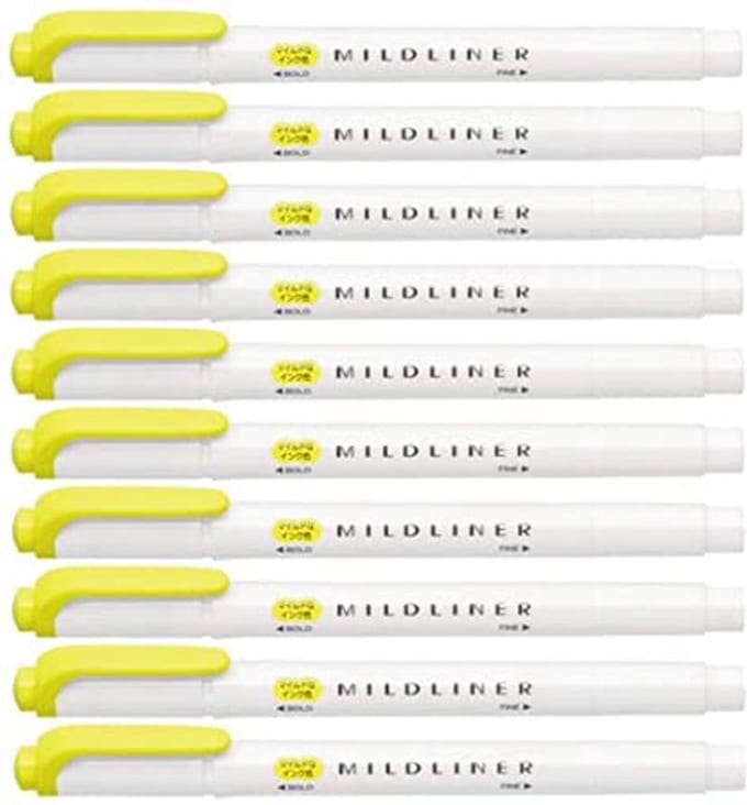 Zebra Mildliner Double-Sided Highlighter - Fine / Bold – Mild Lemon Yellow Set van 10 + een Luxe Zipperbag - WKT7-MLY