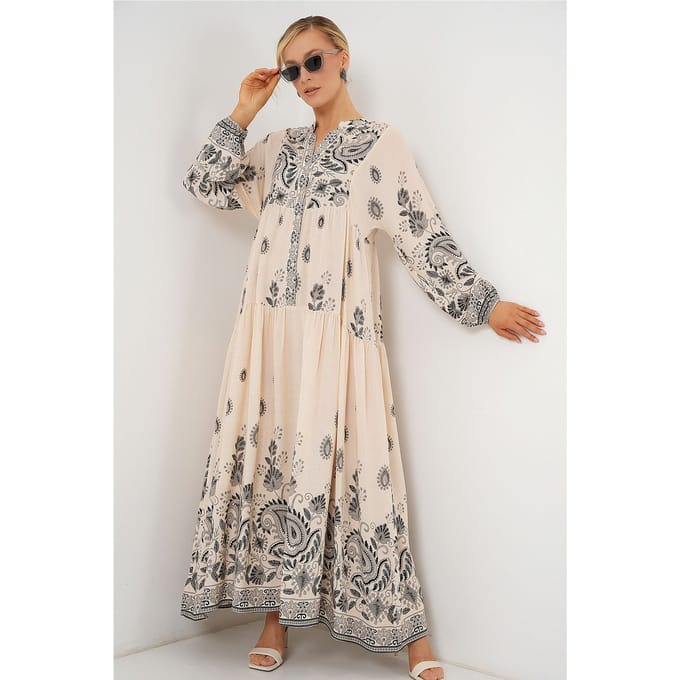 Patroon V-hals Maxi-jurk met knoopsluiting