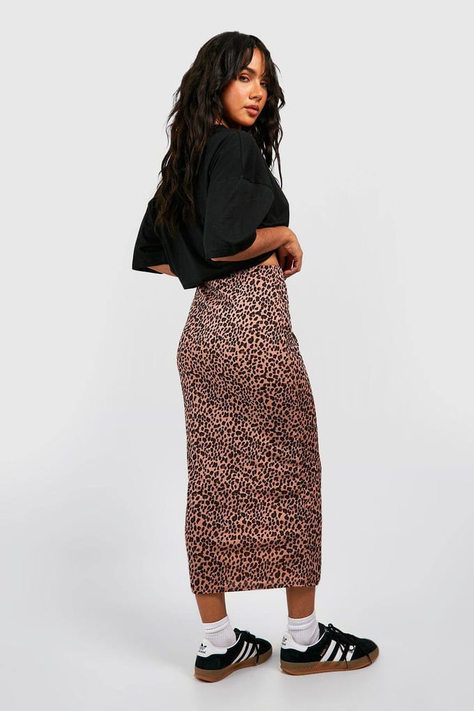 boohoo Dames Leopard Geribde Midaxi Rok | Steen | Maat: 40