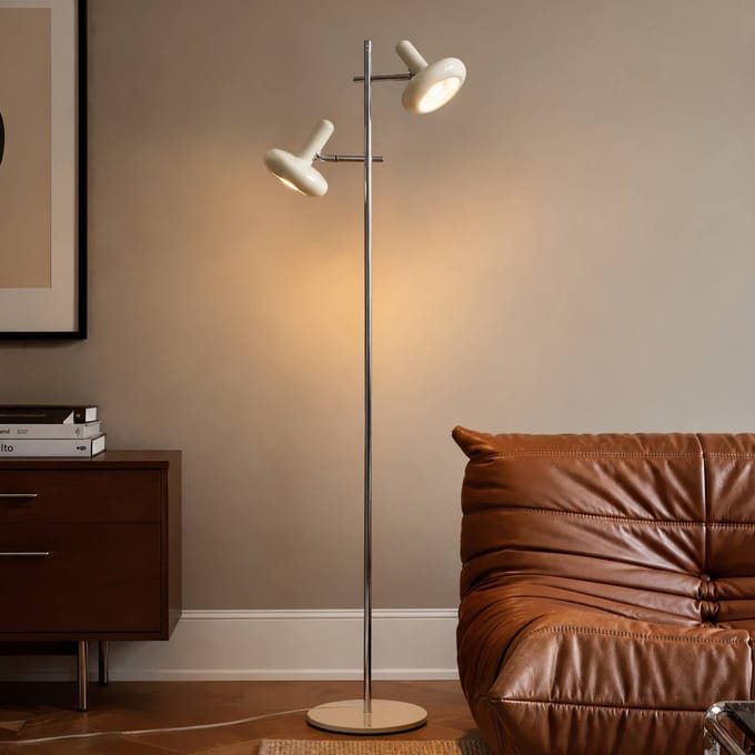 Lindby vloerlamp Dylan, 2-lamps, chroom/beige, 150 cm, E14