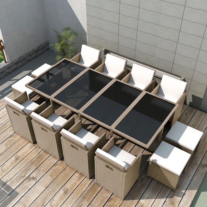vidaXL - 13-delige - Tuinset - met - kussens - poly - rattan - beige