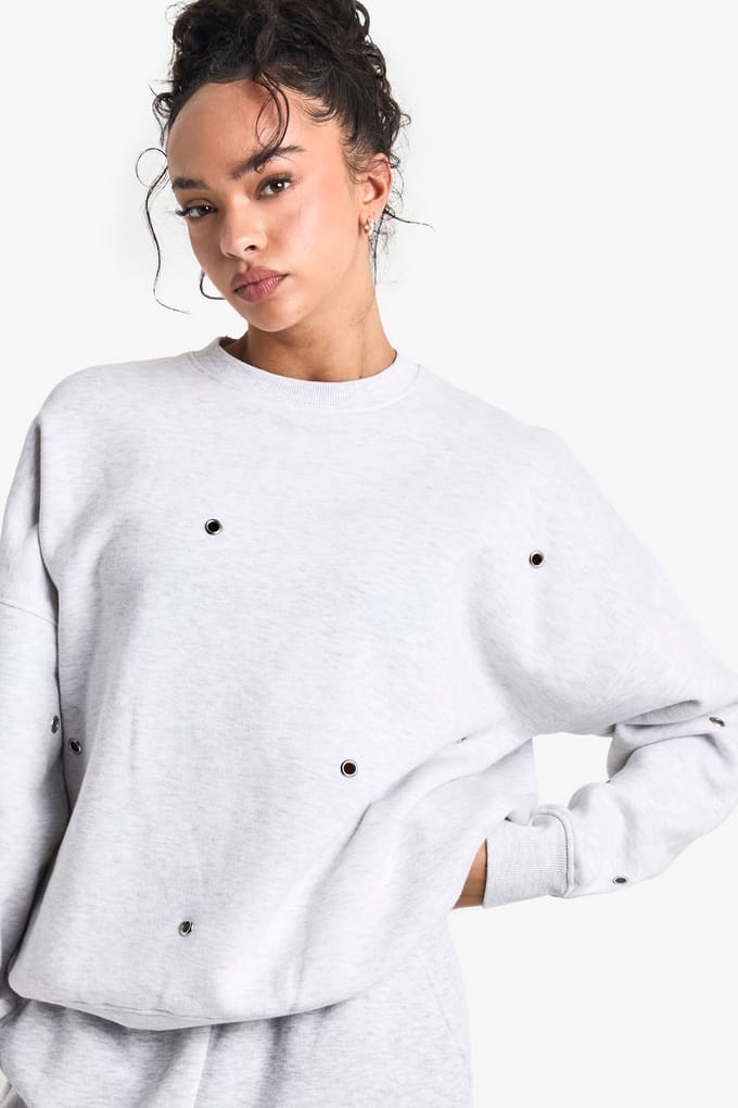boohoo Dames Eyelet Detail Oversized Sweatshirt | Ash Grey | Maat: Small