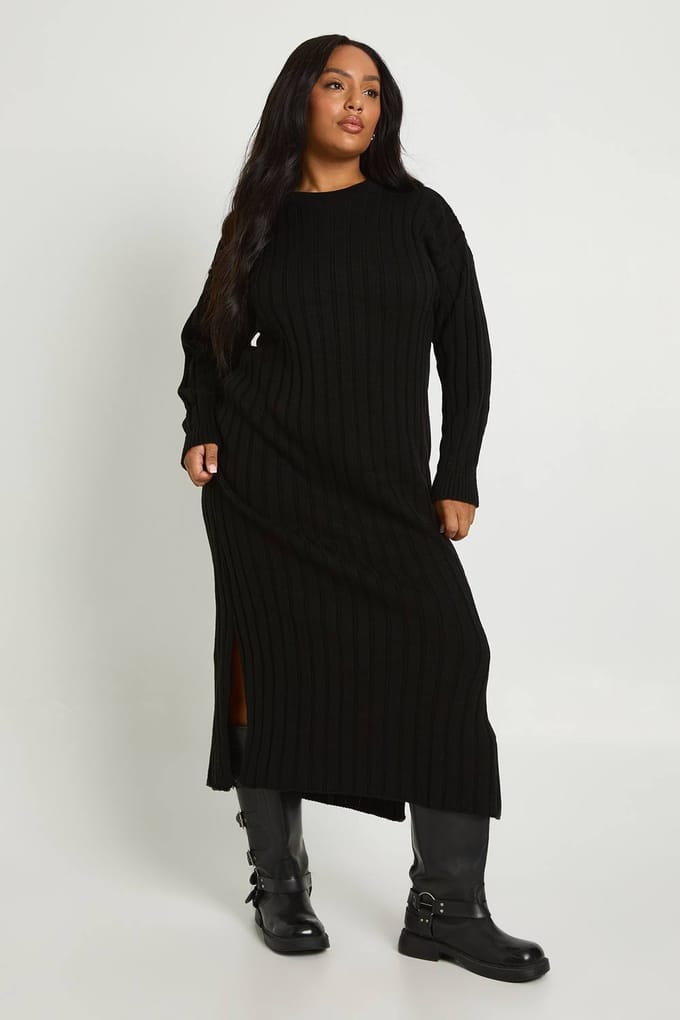 boohoo Dames Plus Chunky Rib Zachte Gebreide Midaxi Jurk | Zwart | Maat: 48