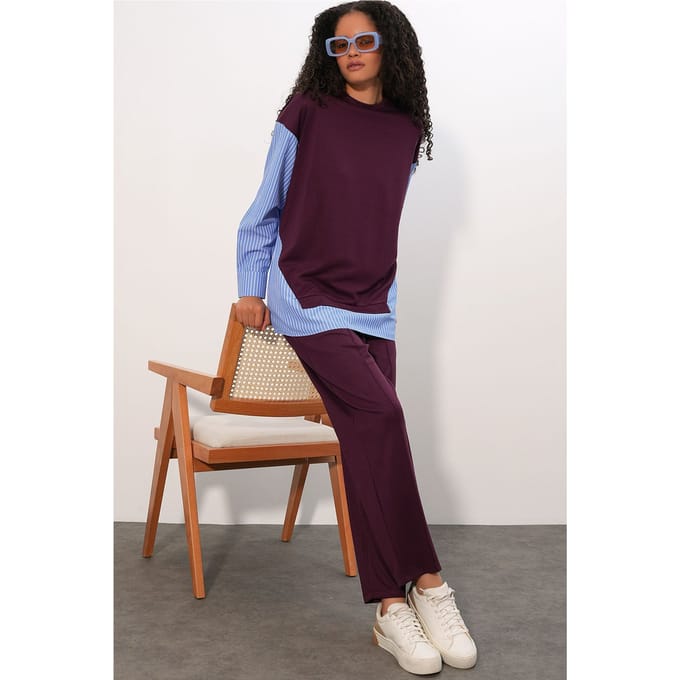 Gestreepte Lange Crew Neck Twee-Delige Coördineer Set