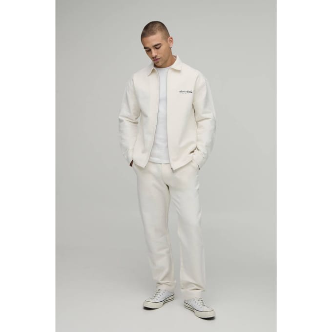 Textured Twill Regular Zip Up Overshirt & Straight Trouser Set | Ecru | Size Medium