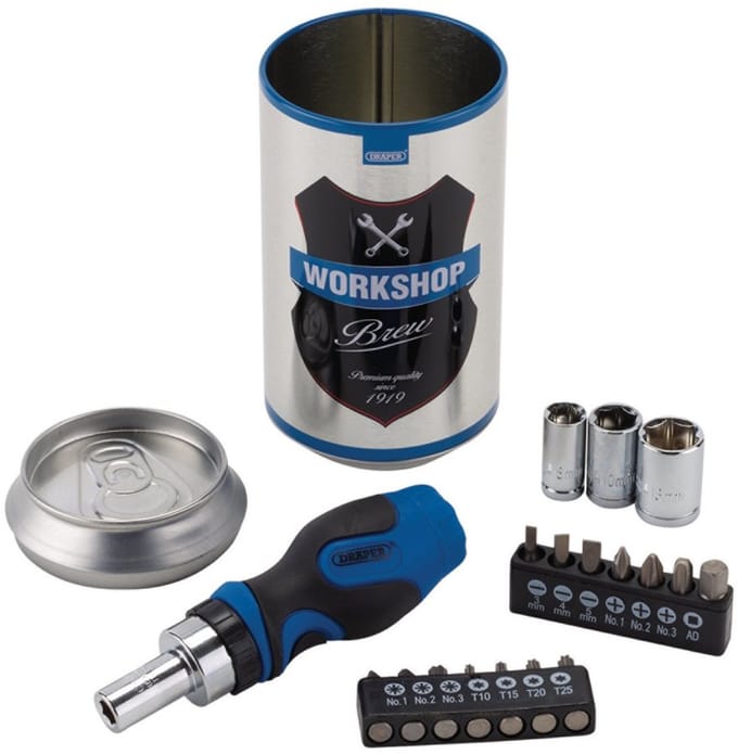 Draper workshop | speciale editie | schroevendraaier | bitset | vaderdag | cadeau voor vaders | 18 delig | mixed set | drapel tools | fathers day | ratchet screwdriver | bit holder
