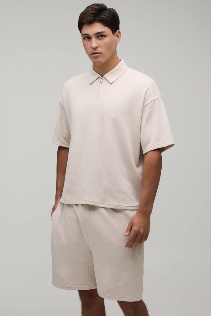 Oversized Boxy Waffle Zip Neck Polo & Baggy Shorts Set | Stone | Size Medium