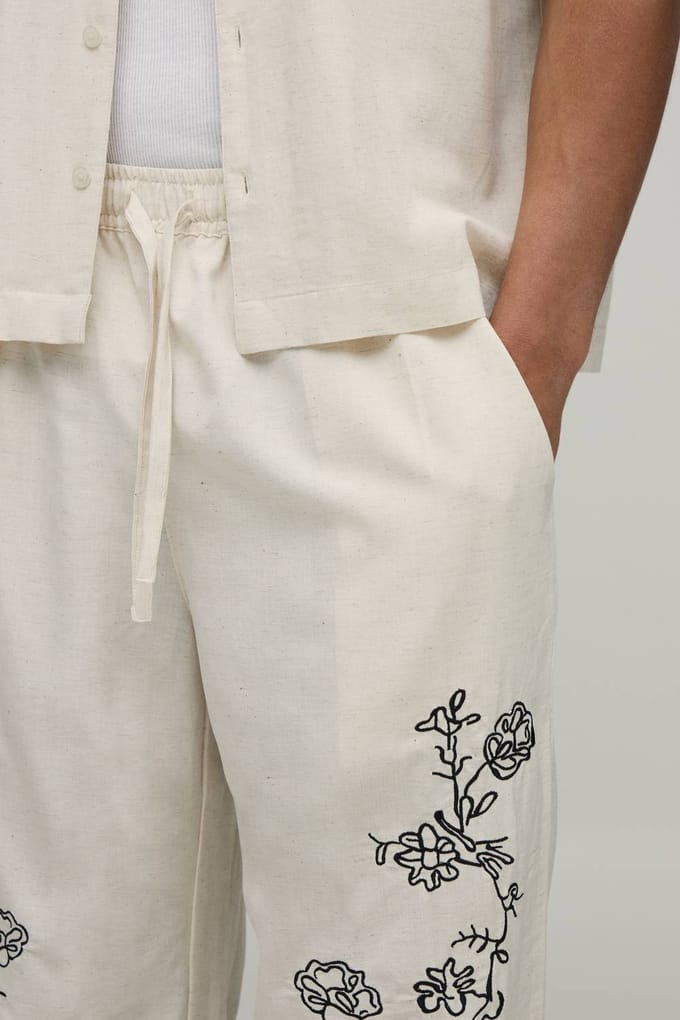 Wijde Linnen Blend Broek Met Geborduurd Naaddetail | Natural | Size Medium