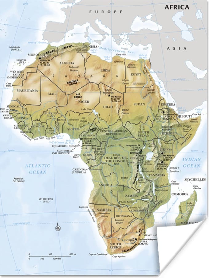 Poster Kaart van Afrika geografisch - 90x120 cm