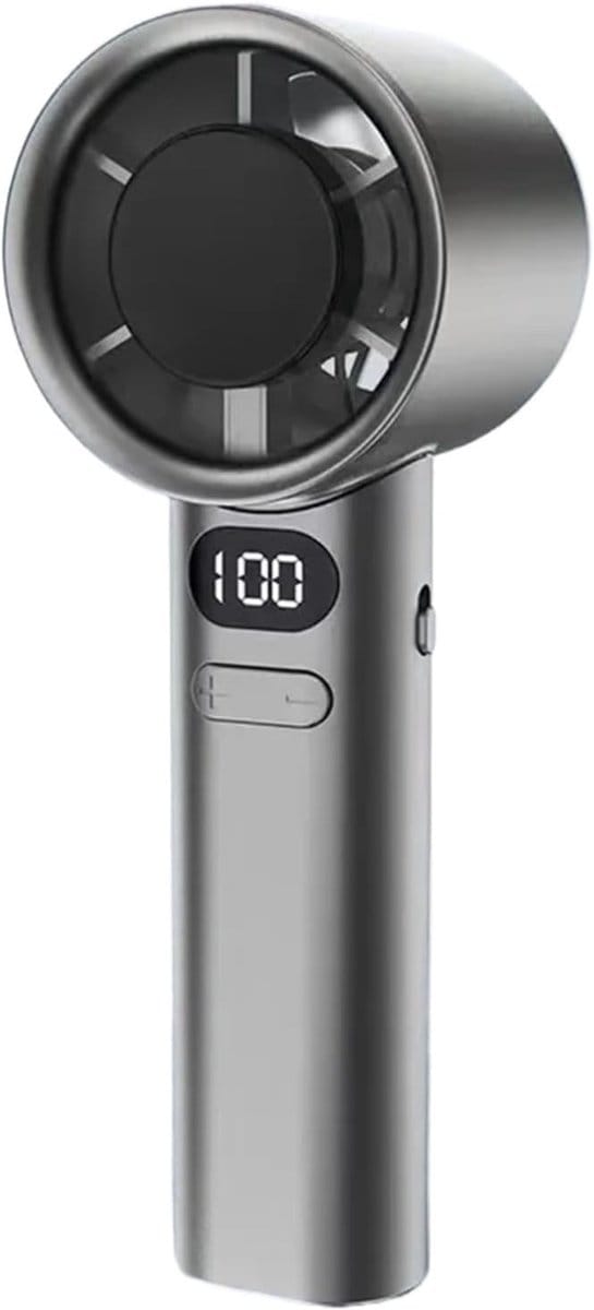 Draagbare handventilator met 120 windsnelheden, LED-display en USB-oplaadfunctie (lichtgrijs).