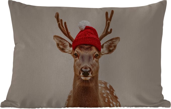 Buitenkussens - Hert - Kerst - Muts - Dieren - Winter - Grappig - 60x40 cm - Weerbestendig
