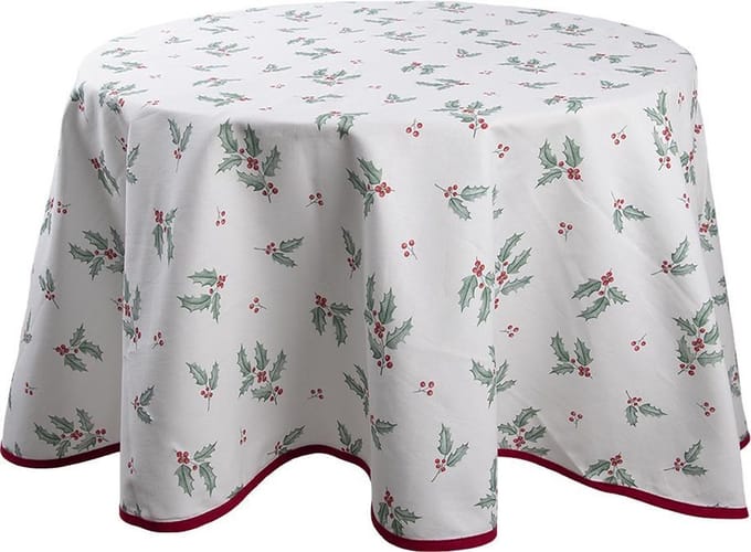 Clayre & Eef Tafelkleed Ø 170 cm Wit Rood Katoen Rond Hulstbladeren Tafellaken