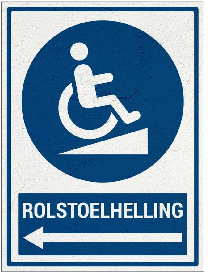Rolstoelhelling links bord met tekst | Sign Again materiaal | 28 x 21 cm