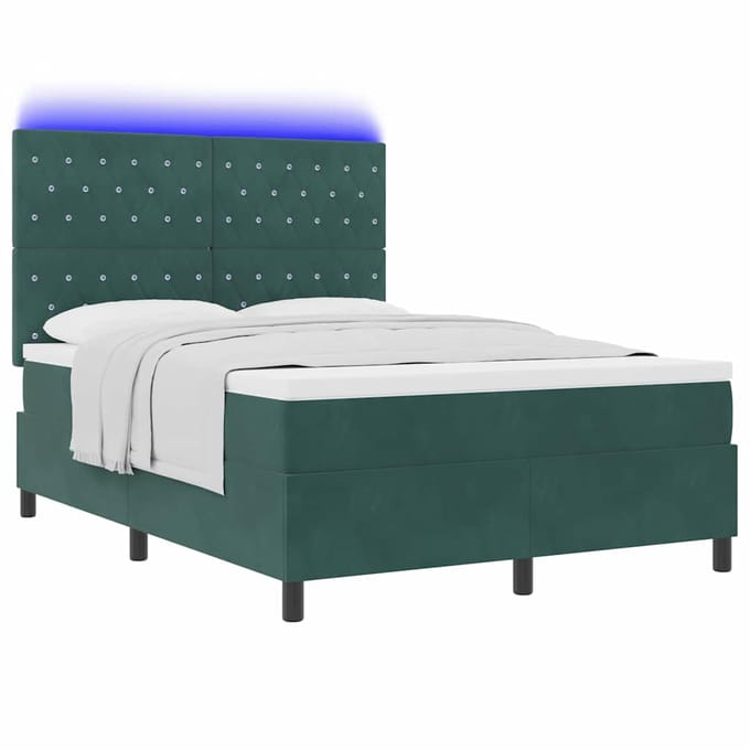 vidaXL - LED - Box - Spring - Bed - met - matras - Donkergroen - 140 - x - 190 - cm - Fluweel