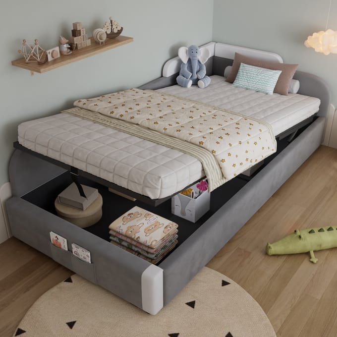 Sweiko Kinderbed - 90x200 cm - Opbergruimte - Velvet - Grijs