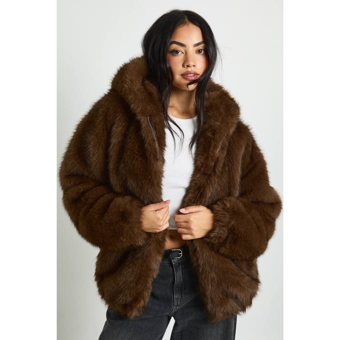 boohoo Dames Premium Kunstbont Kapmutsjas | Chocolate | Maat: 14