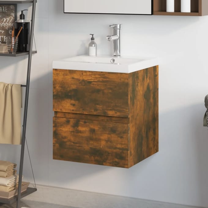 vidaXL - Wastafelkast - met - ingebouwde - wasbak - bewerkt - hout - gerookt - eiken