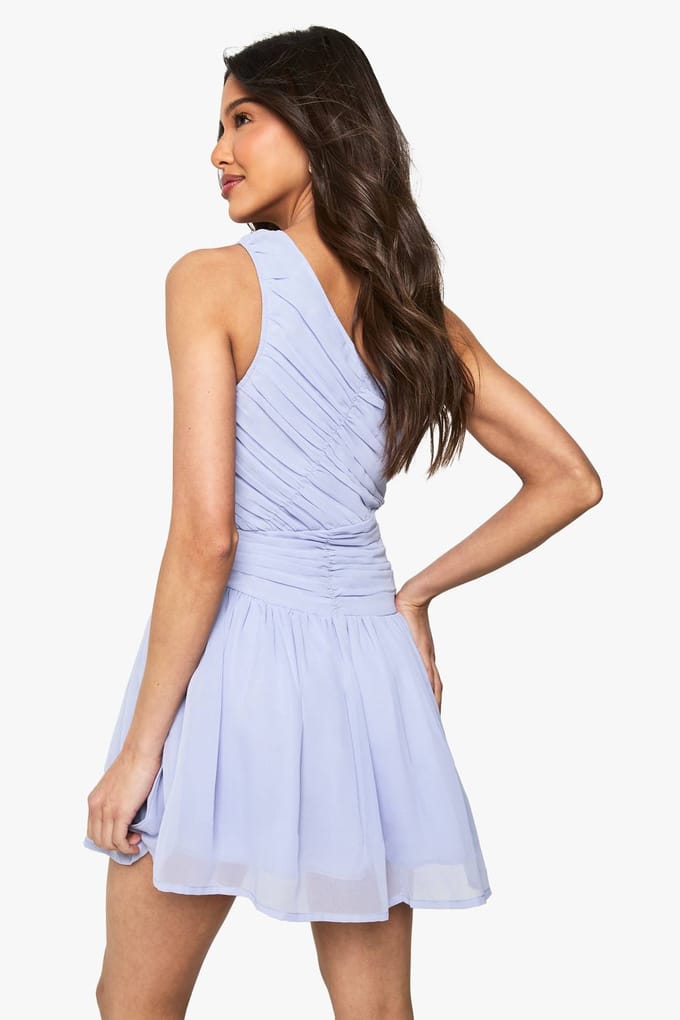 boohoo Dames Chiffon One Shoulder Ruched Mini Jurk | Blue | Maat: 14
