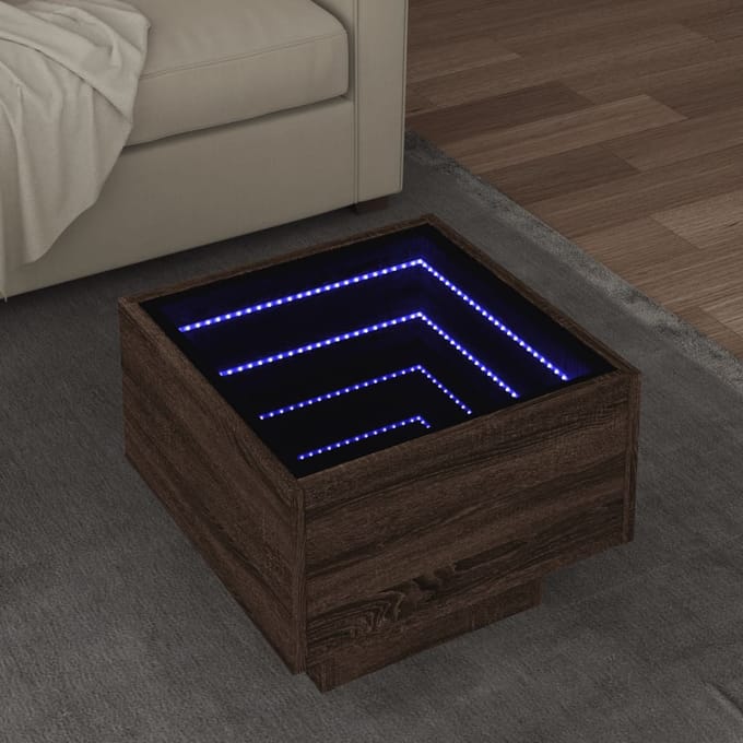 vidaXL - Bijzettafel - met - LED - 40x40x30 - cm - bewerkt - hout - bruin - eikenkleur