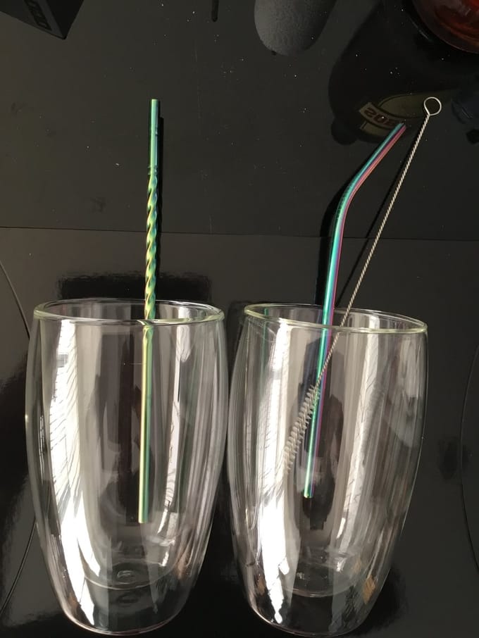 Set van 2 dubbelwandige/thermische koffie/thee/jusglazen 450ML met inox rietje en borsteltje