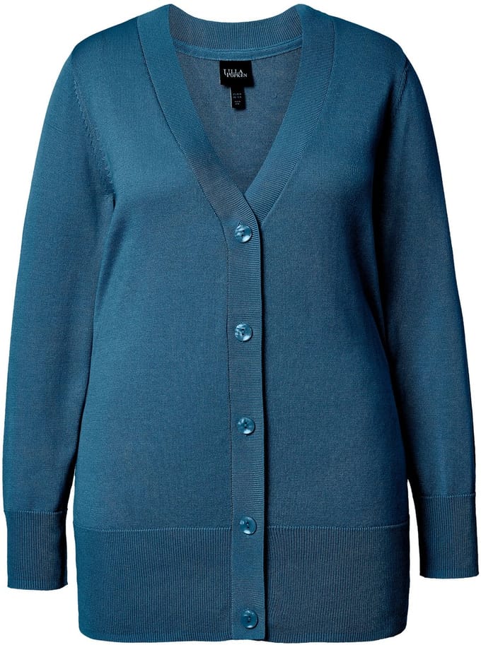 Ulla Popken - Dames - Vest V-hals knoopsluiting fijn breisel - Blauwgroen - Maat 58+